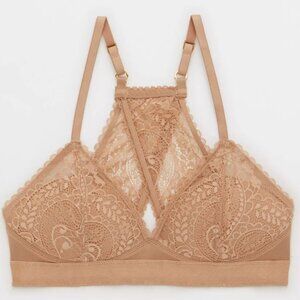 Aerie Real Power Cappuccino Brown Wireless Push Up Paisley Lace Bra Size 32C